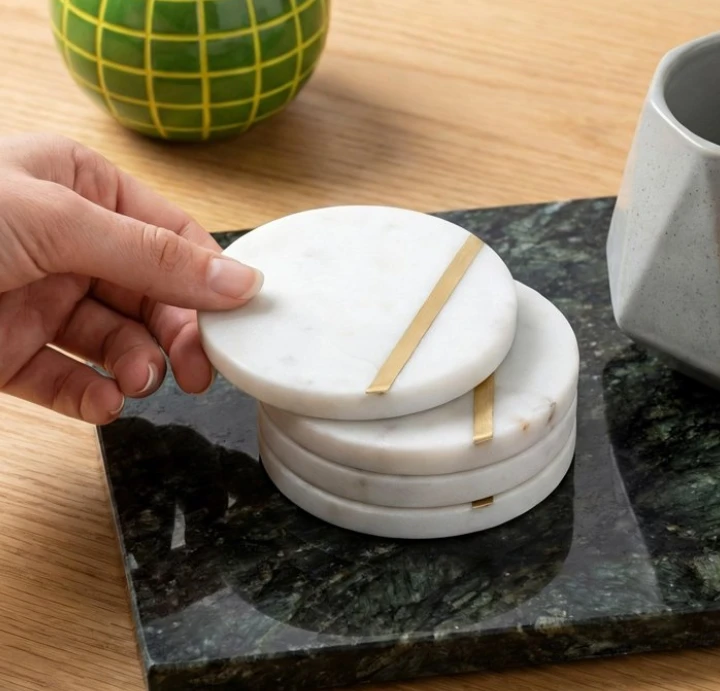 Marble Drink Coasters With Gold Brass Inlay high quality