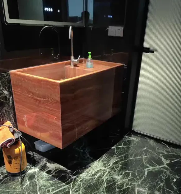 Polished Iran Red Travertine Rectangle/Round Pedestal Wash Sinks