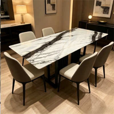 Panda White Marble Top Dining Table Rectangle For 6